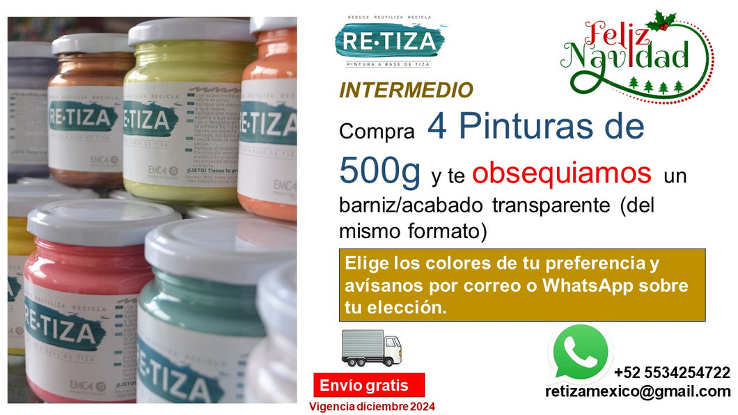 .. PROMO INTERMEDIO. Compra 4 Pinturas de 500g y te obsequiamos un barniz/acabado transparente (del mismo formato). Envío GRATIS